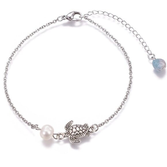 NWOT - Sweet handmade Anklet Sea turtle W natural Pearl & Aquamarine Cruise wear - Picture 1 of 5